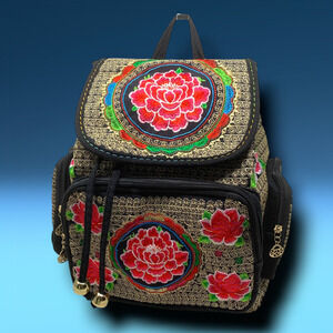 Vintage Y2K Floral Heavily Embroidered Backpack Rucksack School Black Canvas